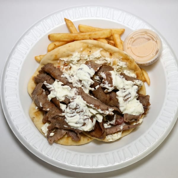 Gyro meat and tzatziki sauce on pita bread with a side of french fries and dipping sauce.