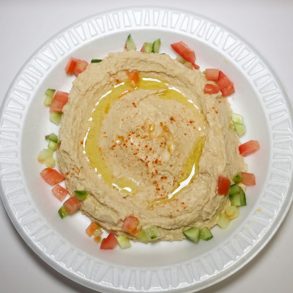 Creamy hummus drizzled with olive oil and sprinkled with paprika, garnished with diced tomatoes and cucumbers.